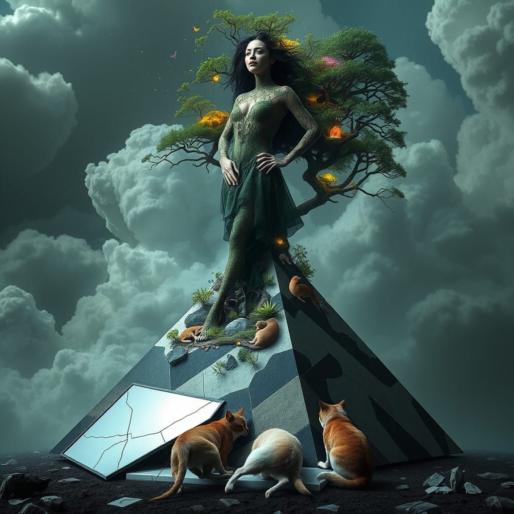 Surreal Goddess Embodies Whimsical Ecosystems in Vibrant, Dr...