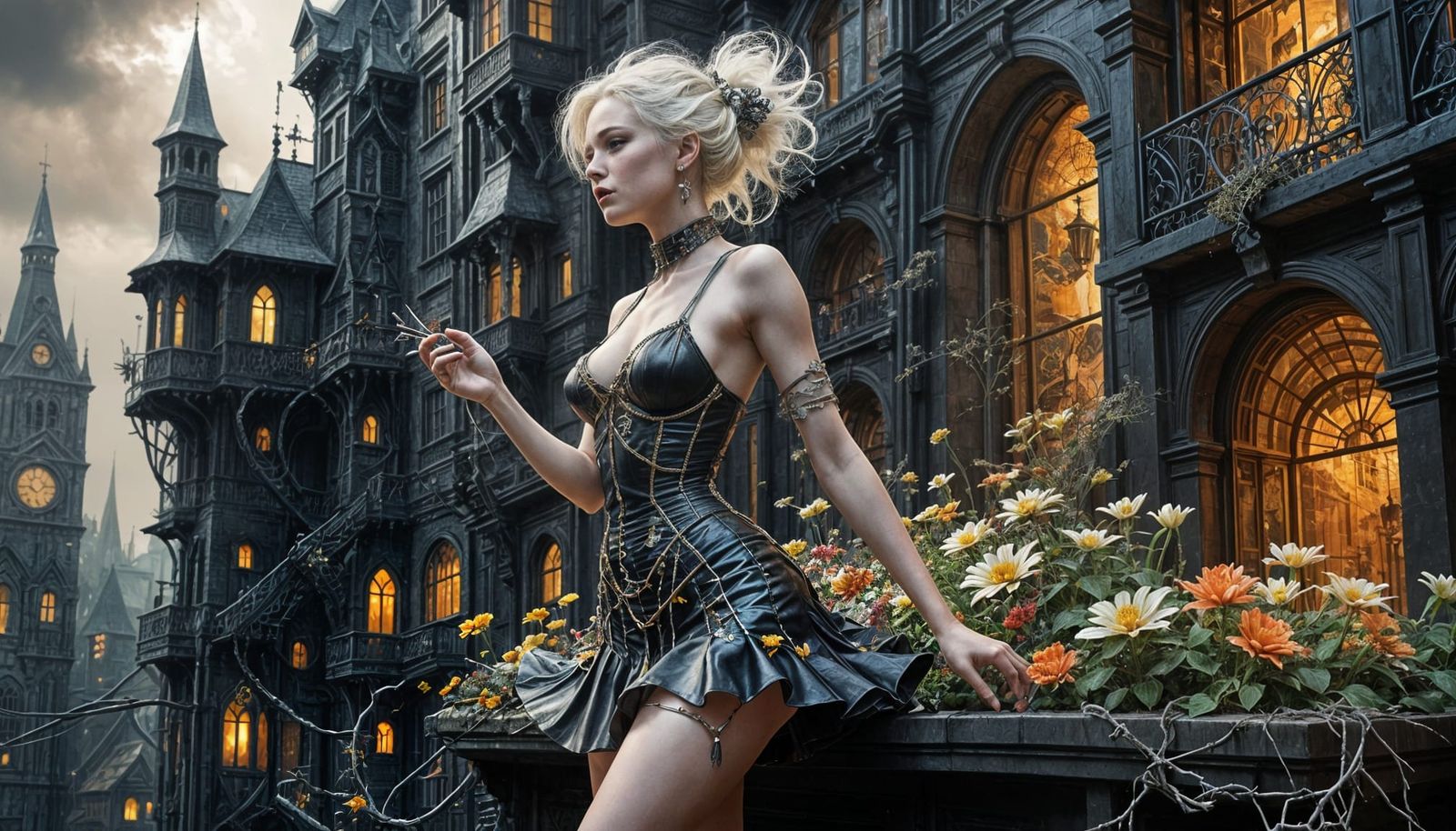 Albino Woman Explores Dark Fantasy Cityscape