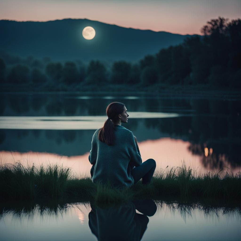 Moonlit Reflection: Woman by Lake at Night