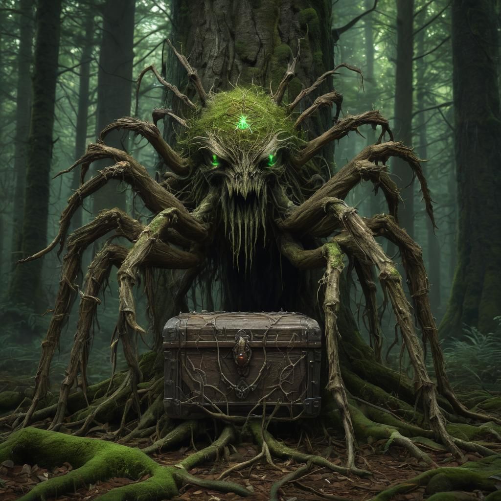 Intricate Forest Spirit Guarding Magical Chest