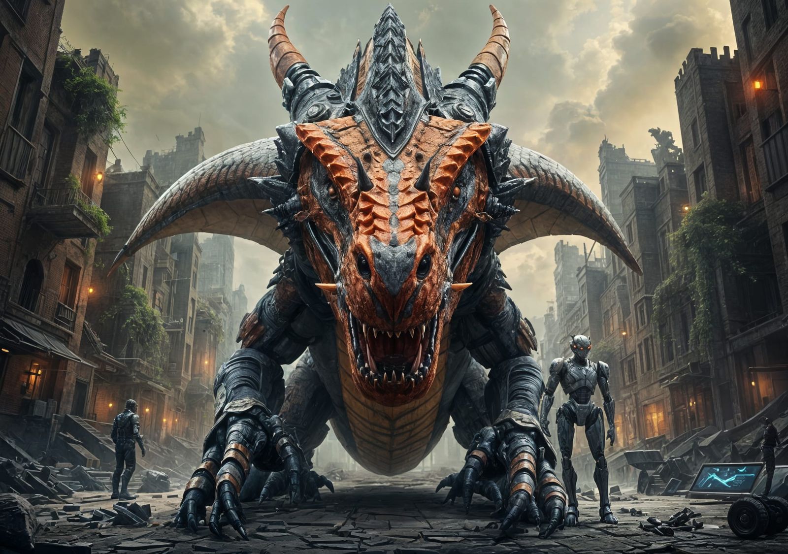 Futuristic Dragon Portrait in Ruined Cityscape