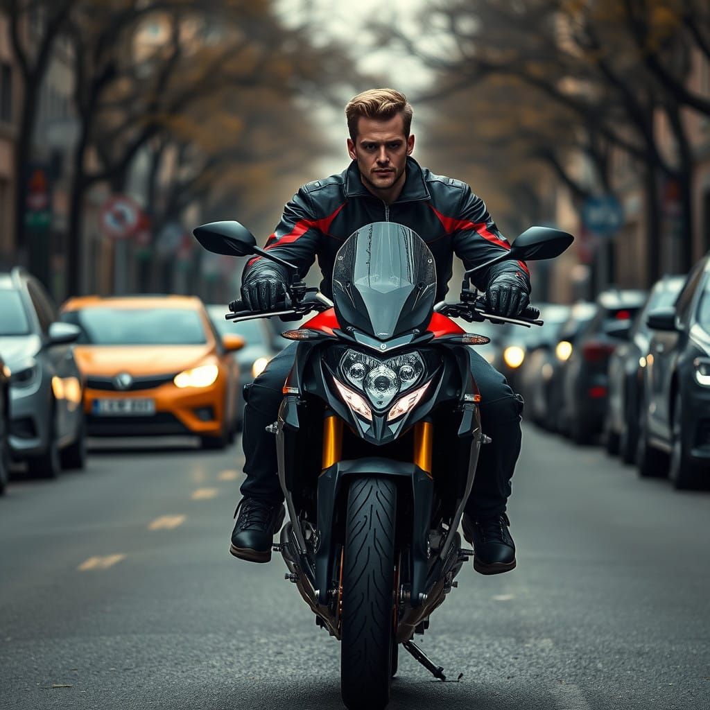 Daring Biker in Leather Jacket Poses on City Street