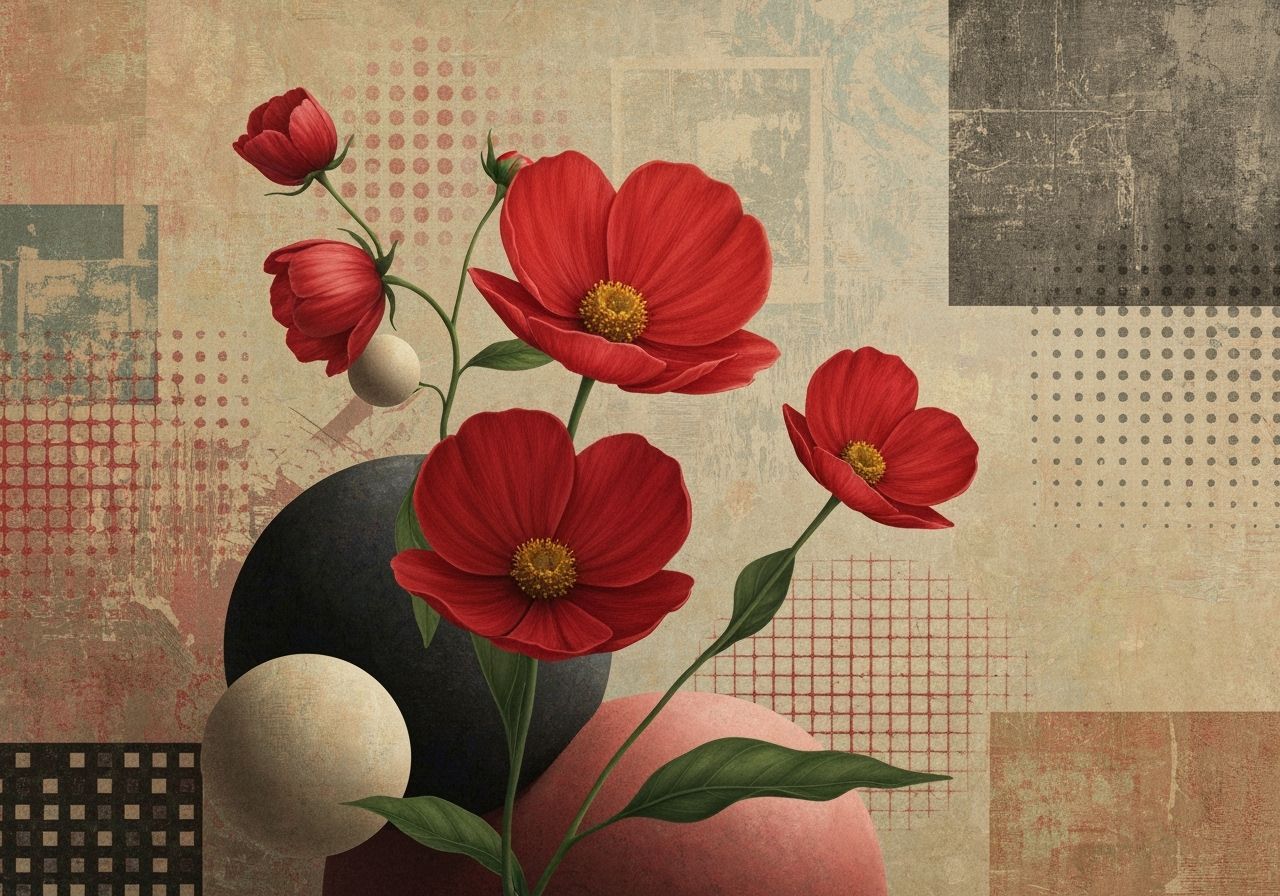 Surreal Red Flowers in Mixed Media Painting Style