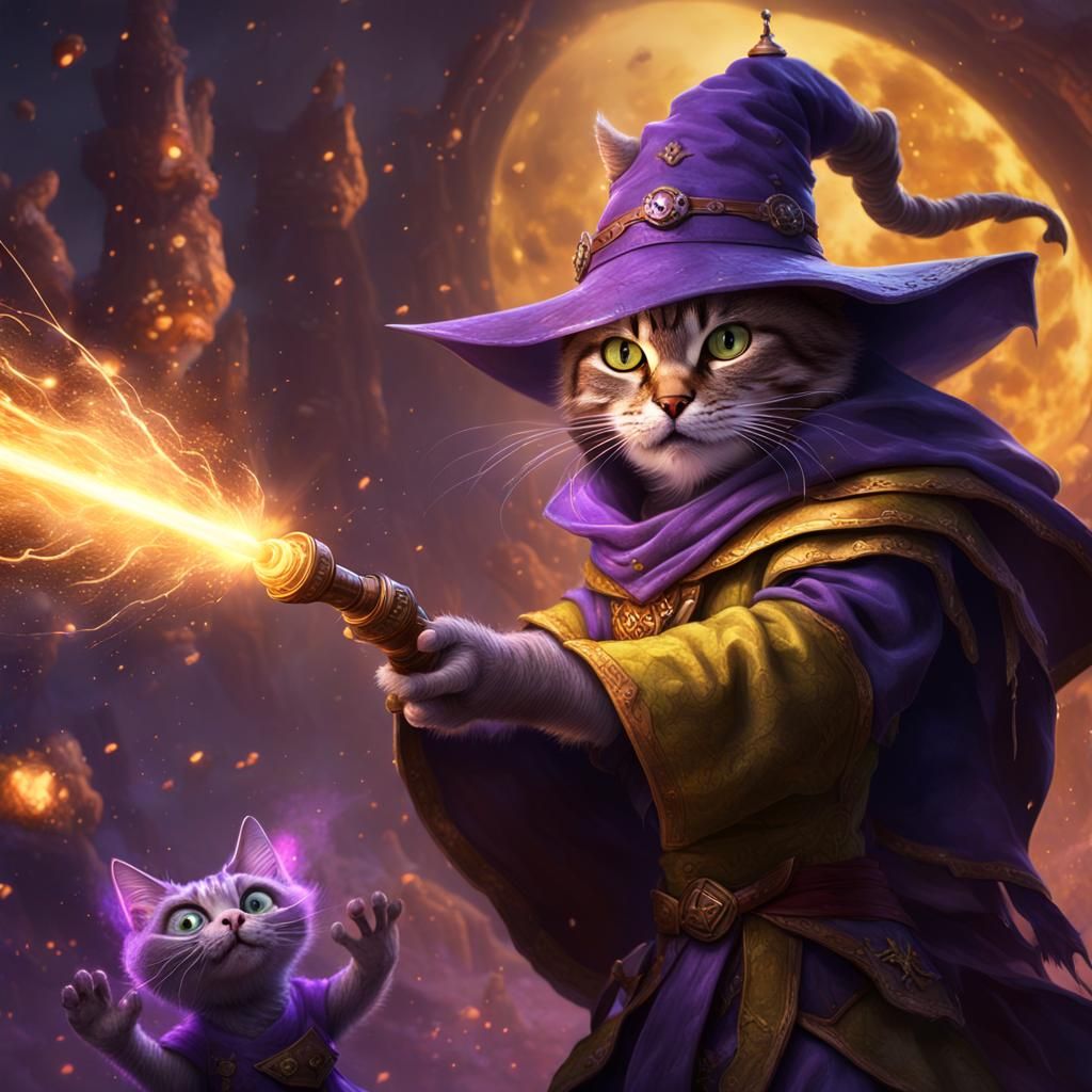 Cat Sorcerer Battles Goblin: Dark Fantasy Concept Art