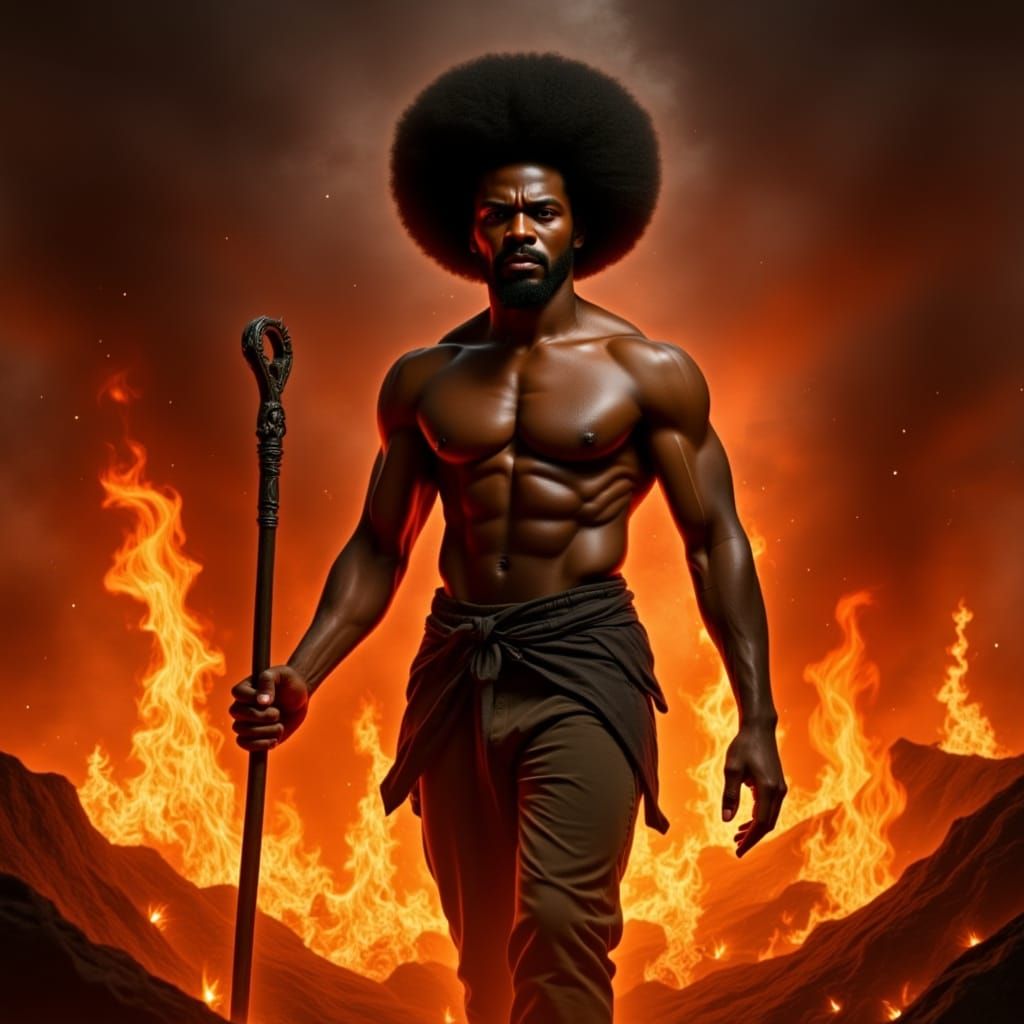 Hyperrealistic African Man Walking Through Flames