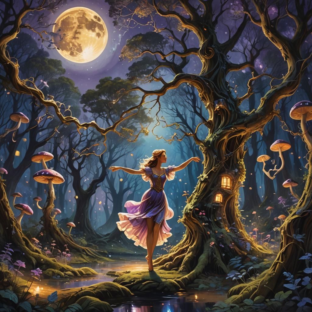 Mystical Forest Dance in Dreamy Digital Painting