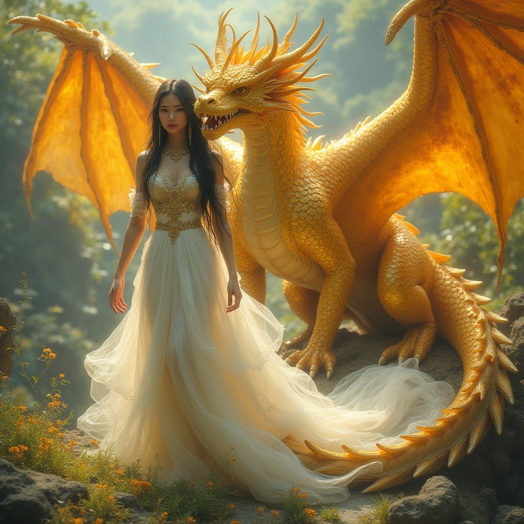 Regal Golden Dragon Protects Serene Goddess in Sci-Fi Fantas...