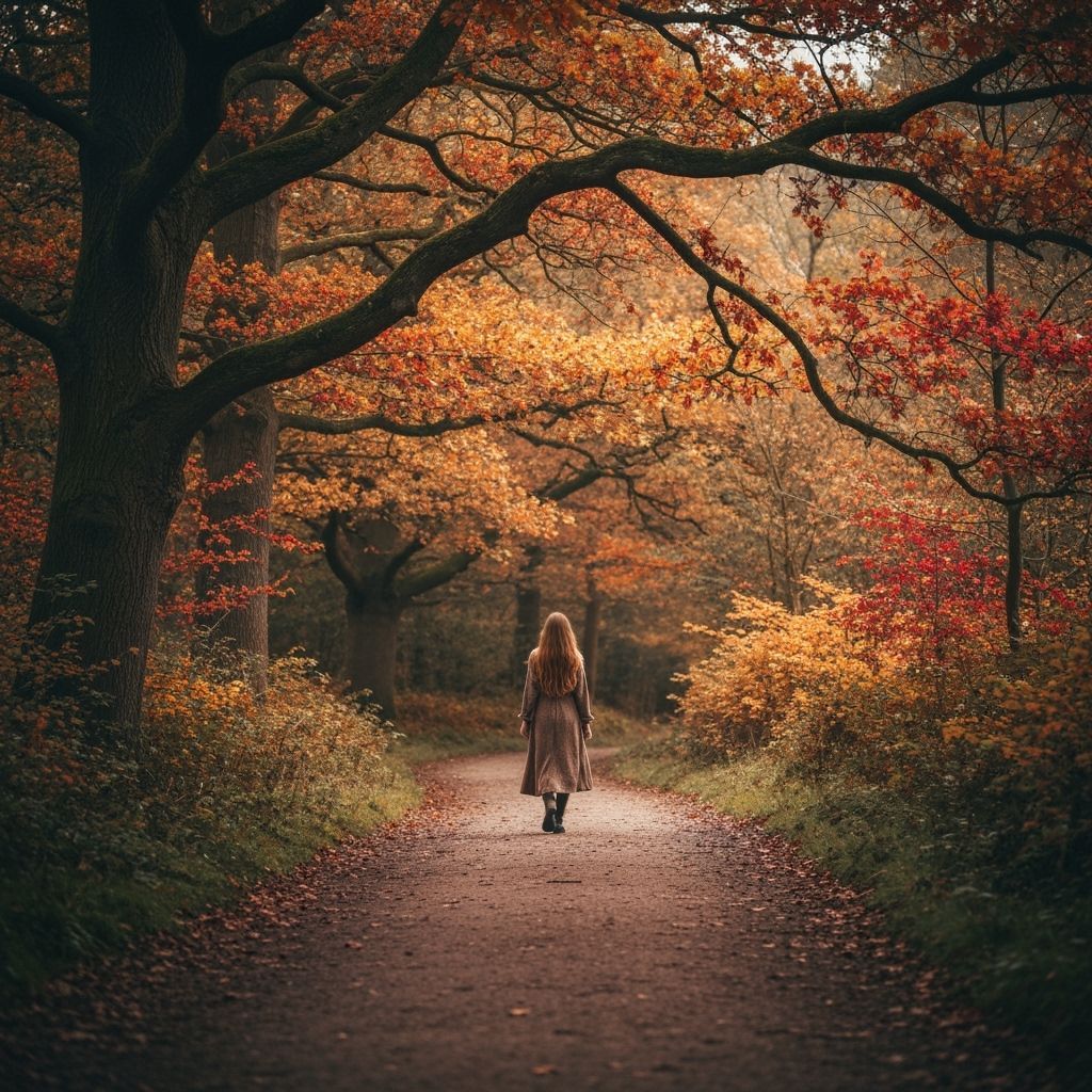 Autumnal Woman Walks Woodland Path