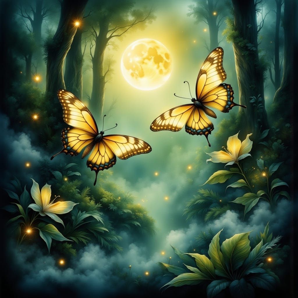 Ethereal Yellow Butterflies Dance Under Full Moon