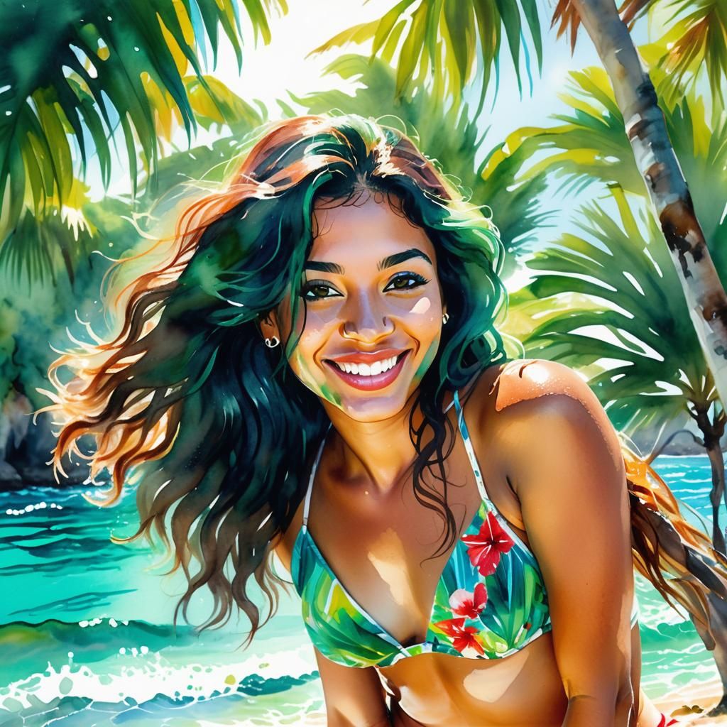 Watercolor Portrait of Woman on Tropical Beach