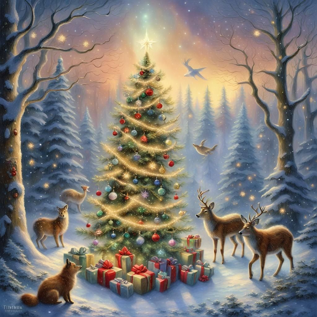 forest animals in Christmas clothes around a festively decor...