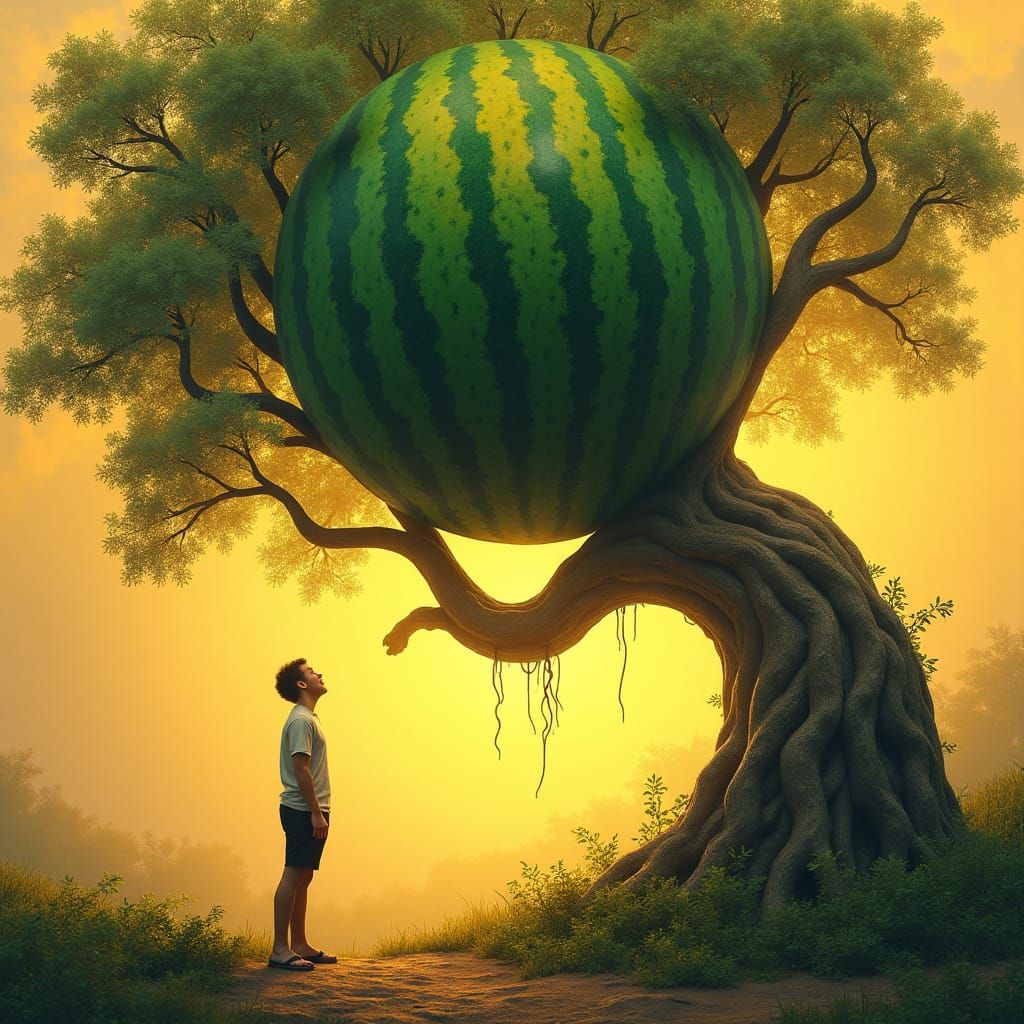 Giant Watermelon Tree: Hyperrealistic Digital Art