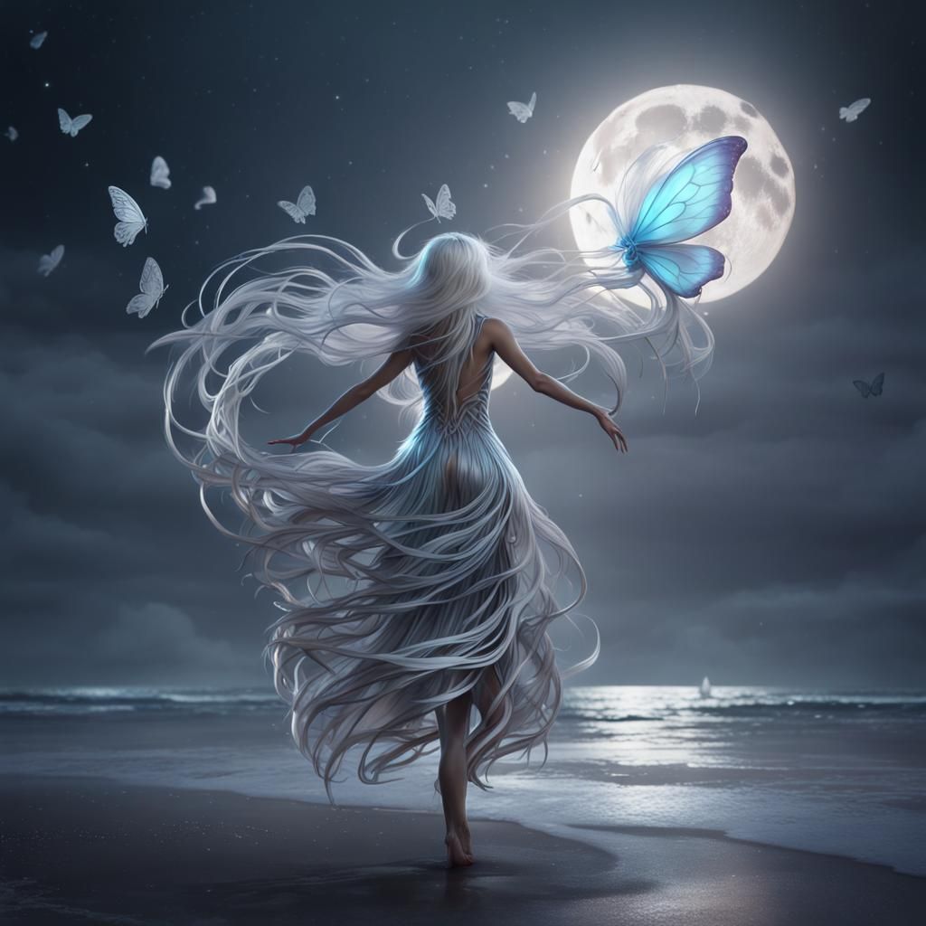 Metallic Moon Girl on Beach, Detailed Digital Art