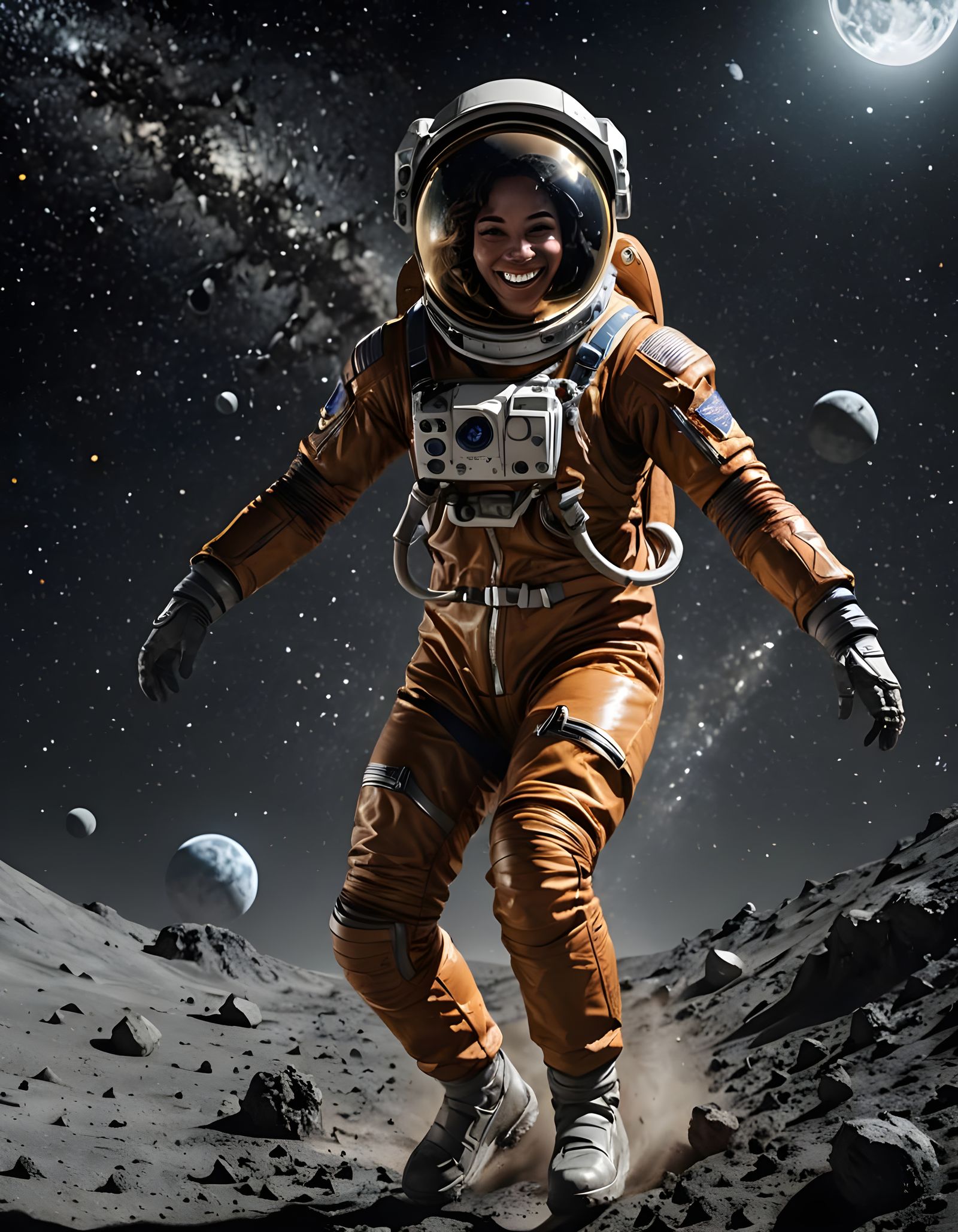 Ecuadorian Woman Bouncing on the Moon in Spacesuit