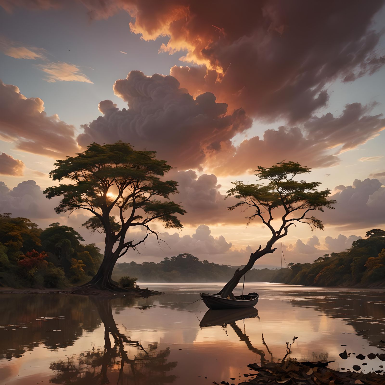 Hyperrealistic Lonely Tree on Orinoco River at Sunset