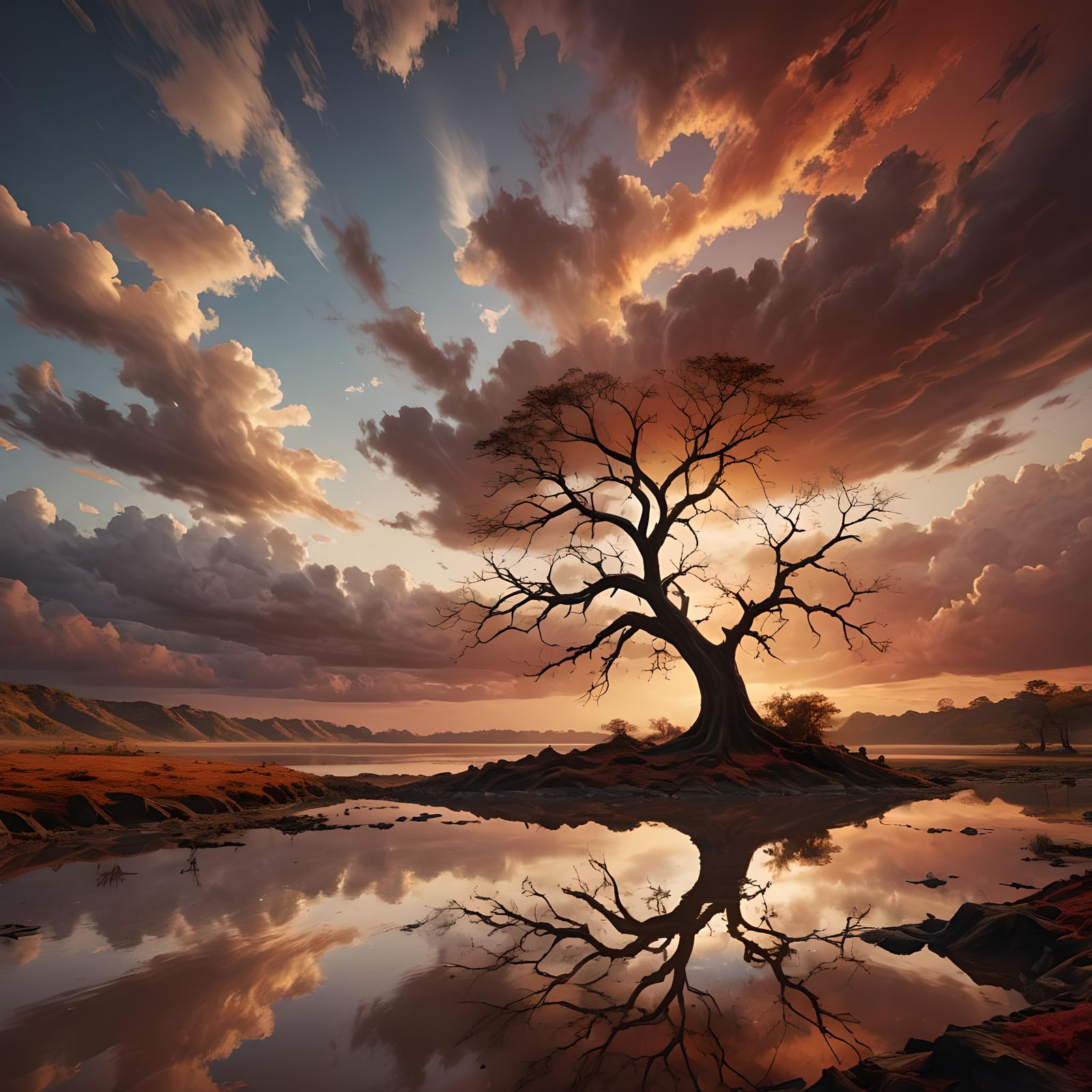 Lonely Tree on Orinoco River in Hyperrealistic Style