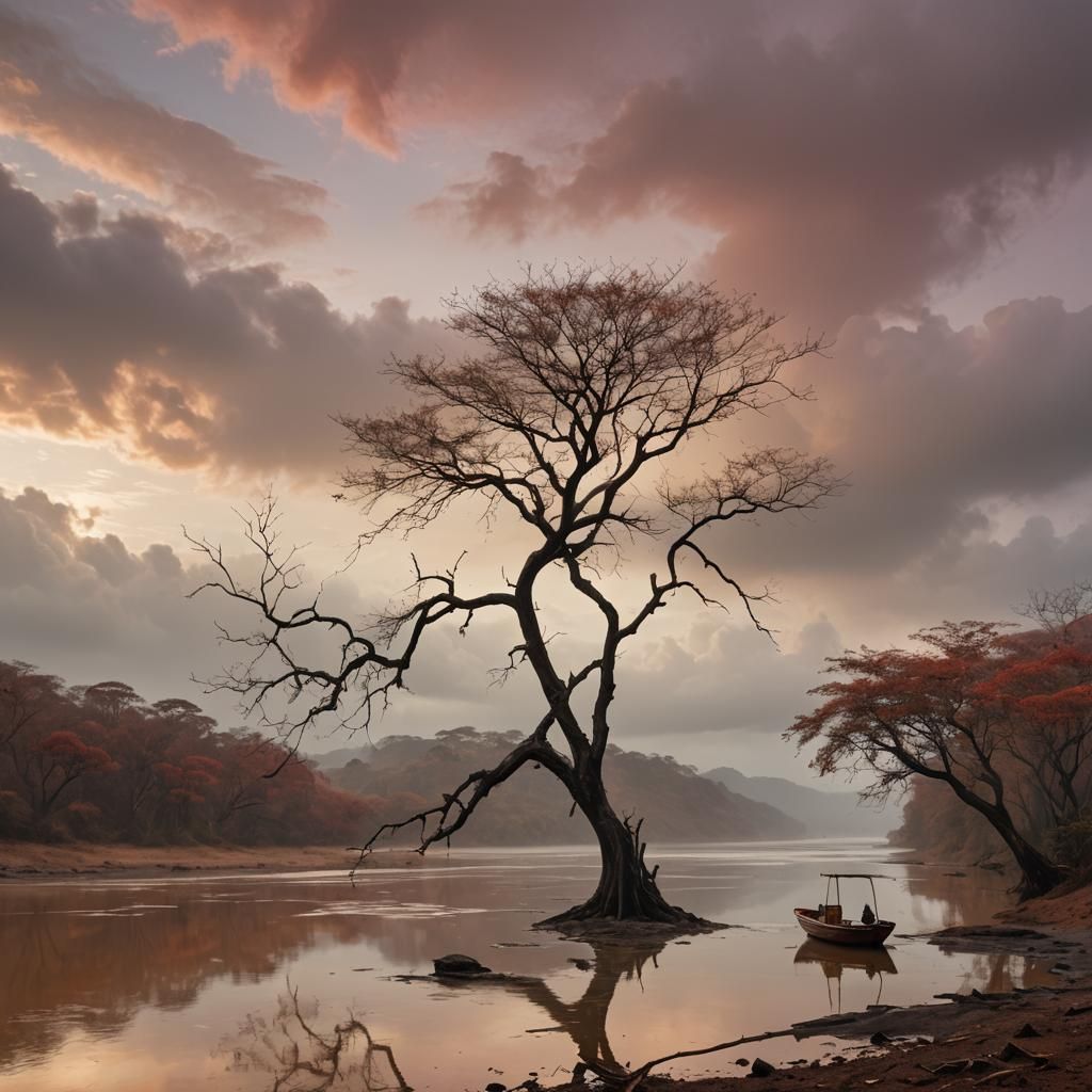 Mystical Sunset Landscape with Lone Tree