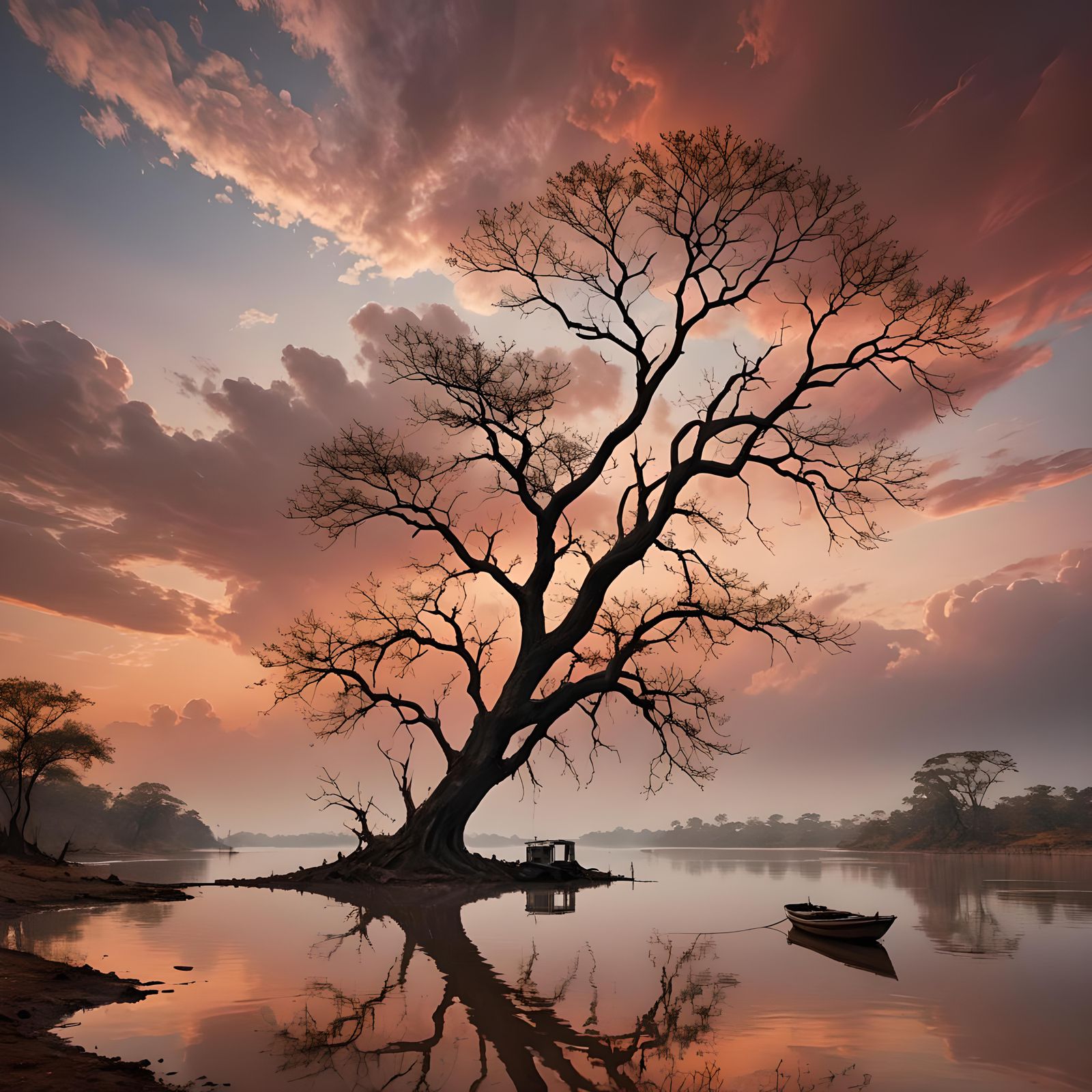 Hyperrealistic Lonely Tree on Orinoco River at Sunset