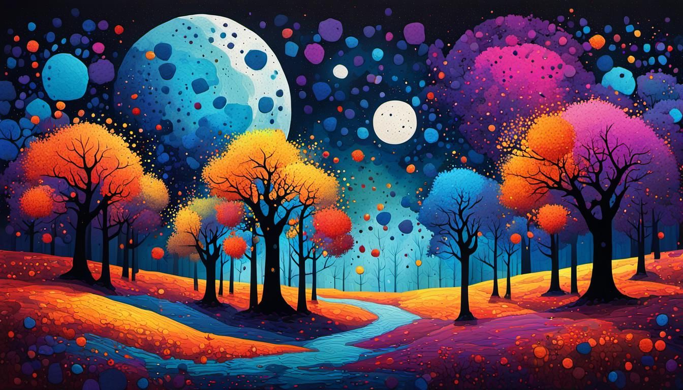 Ink Splatter Autumn Landscape with Glowing Moon