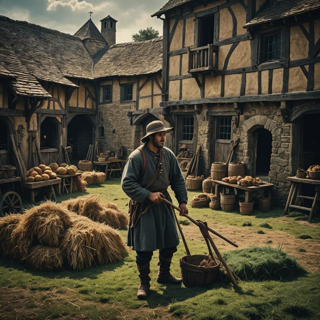 Medieval Peasant Working in Castle Courtyard