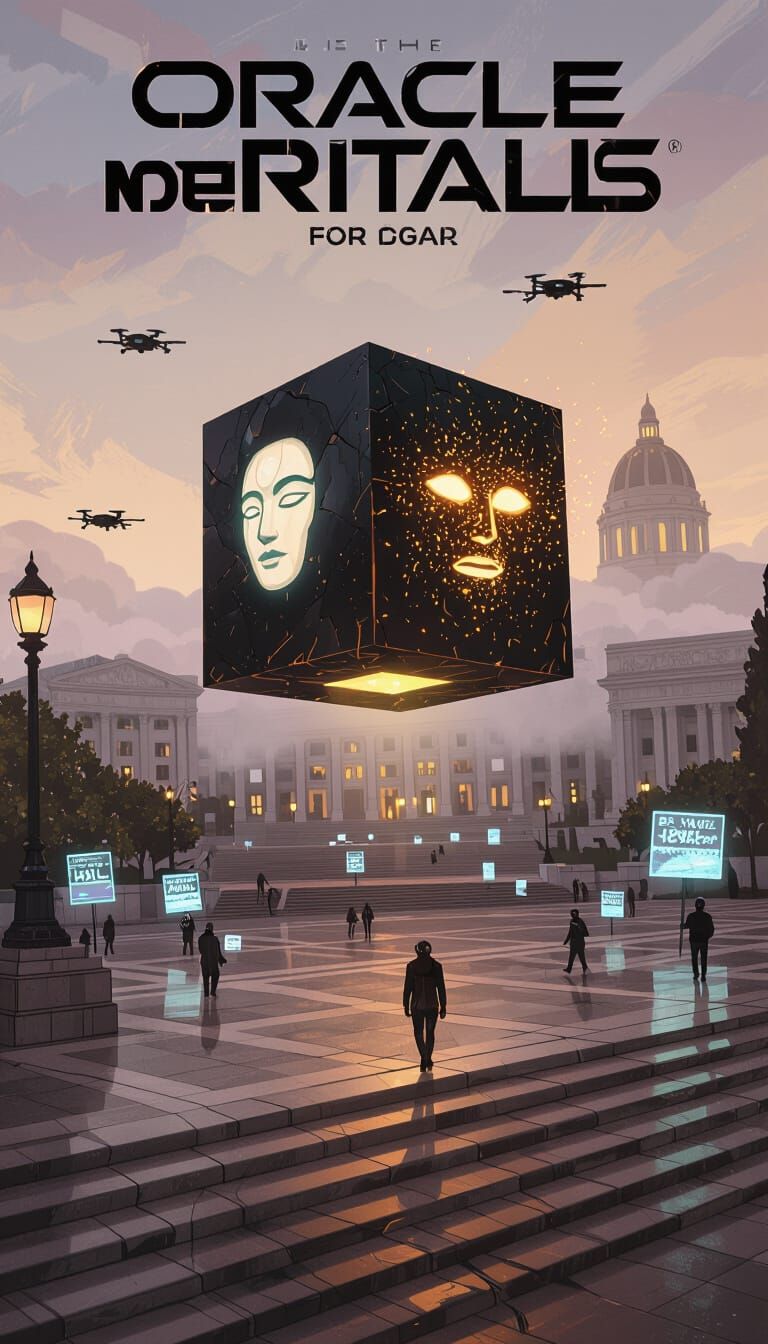 Cyberpunk AI God Obsidian Cube Over San Francisco