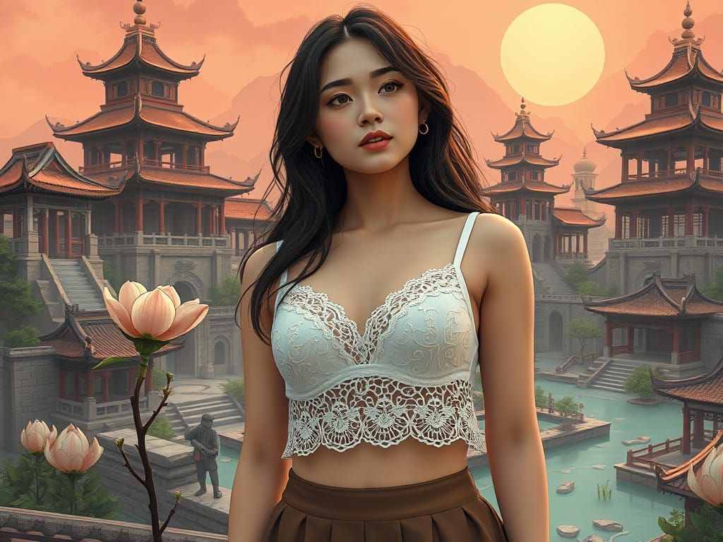 Sighing Woman Gazes at Unbloomed Flower in Ancient Ruins