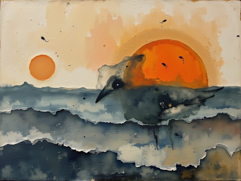 Seagull Merges with Sunrise in Watercolor Style