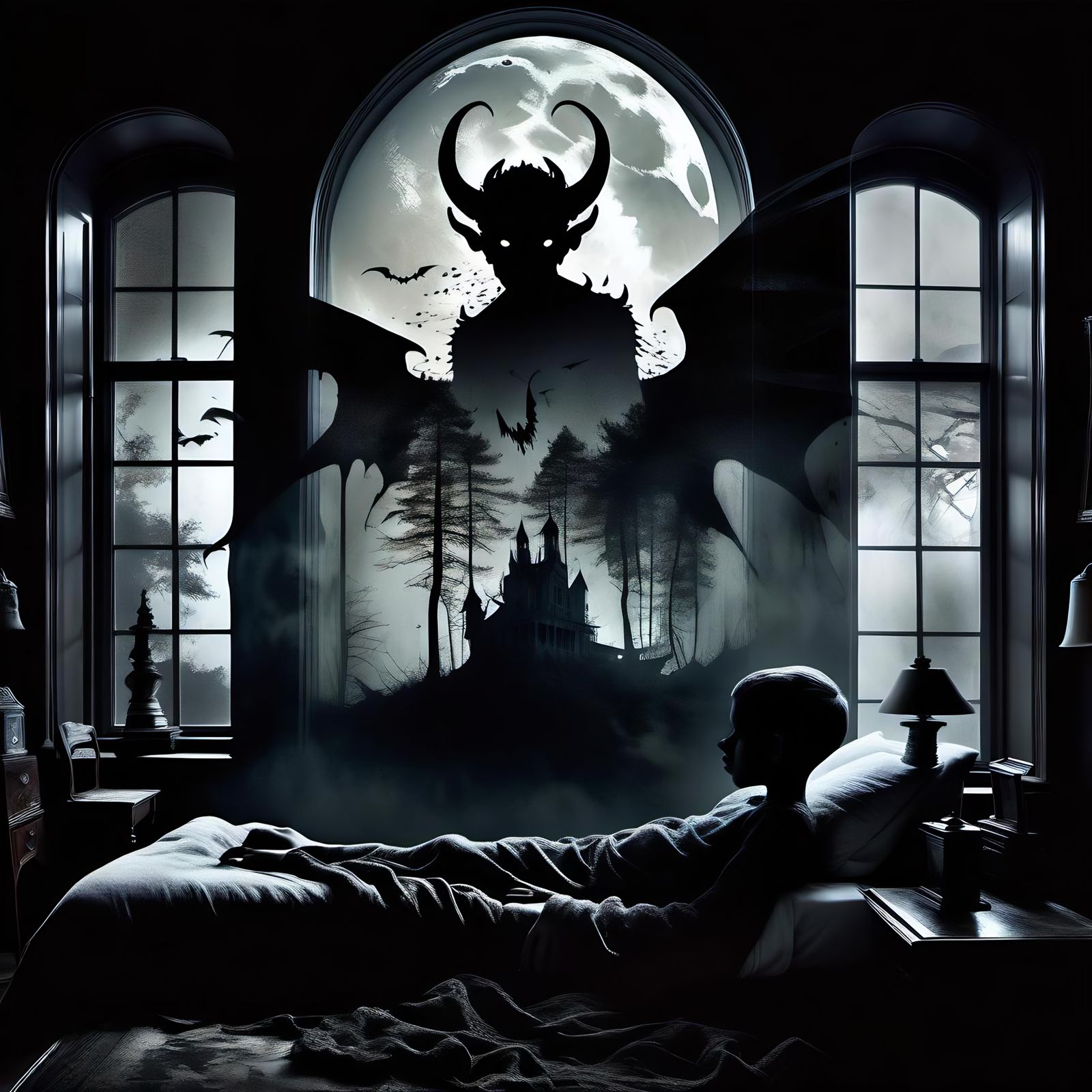Eldritch Demon Double Exposure in Moonlit Bedroom