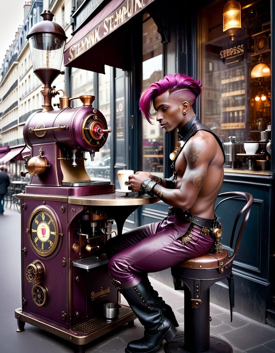 Steampunk Cafe Scene with Magenta-Haired Man