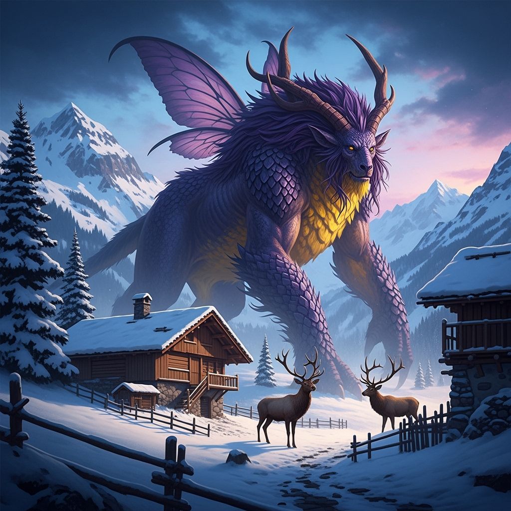 Giant Firbolg Hunts Elk in Snowy Alps