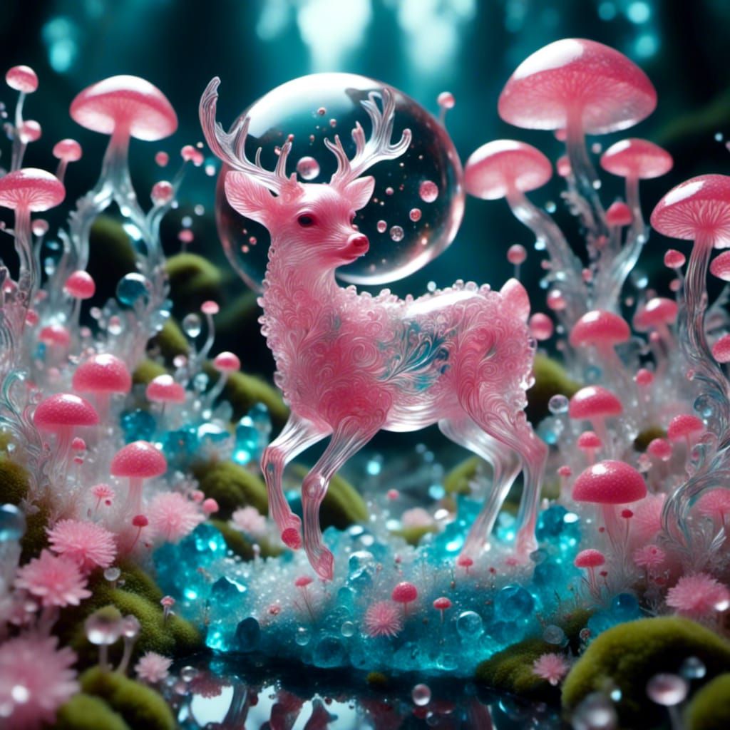 Pink Deer Running Through Mushroom Field