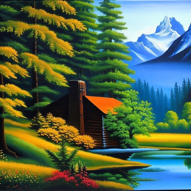 Mountain Cabin in Forest, Oil Painting Style