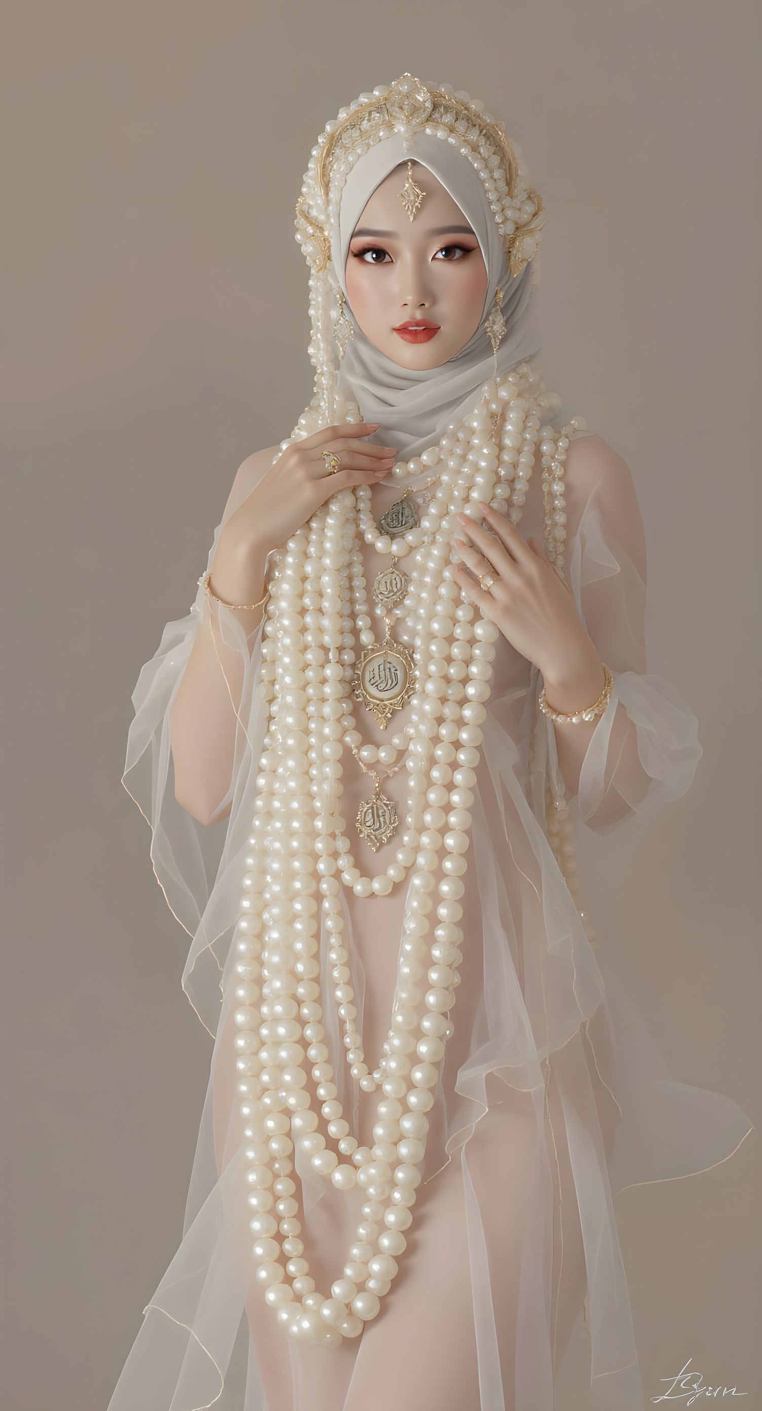 Elegant Asian Woman in Sheer Dress with Pearl Adornments