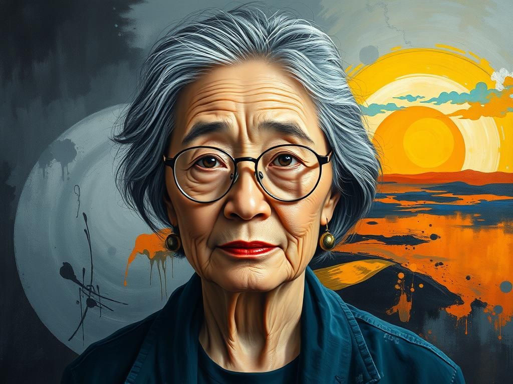 1 Far East woman, half body, very old and wrinkled but classy, wearing round glasses slightly on her nose, brown eyes, f...