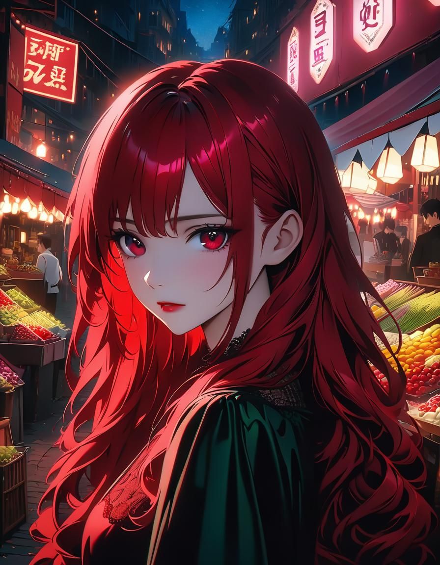 Pretty Girl with Red Hair in Anime Matte Painting