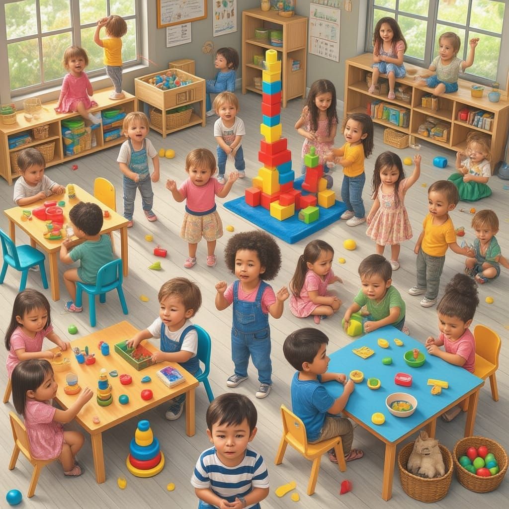 Busy Preschool Classroom Overhead View Capturing Diverse Act...