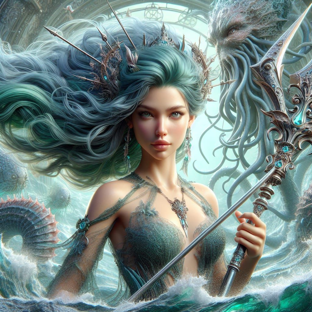 Beautiful Mermaid Warrior Princess (Teal hair) carrying trid...