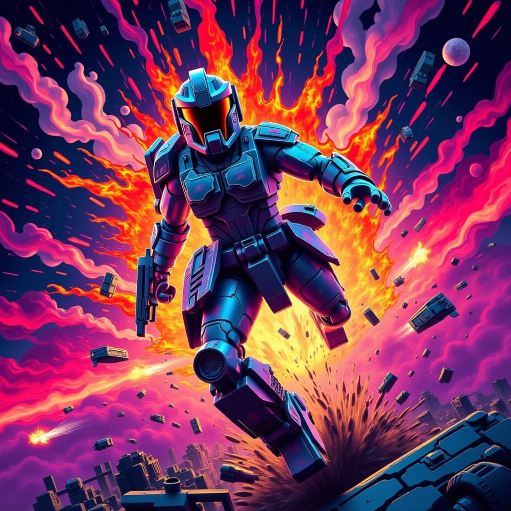 Explosive Action Scene in Futuristic Style