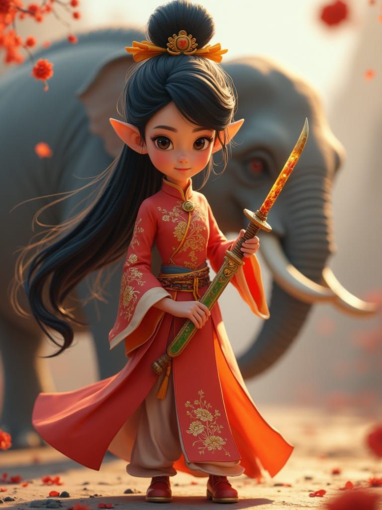 Vibrant Chinese Princess Warrior in Traditional Cheongsam At...