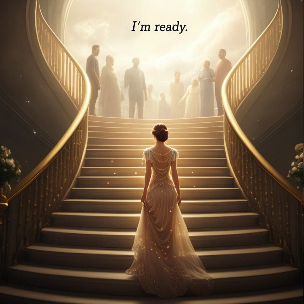 Woman Ascending Golden Staircase to Celestial Realm