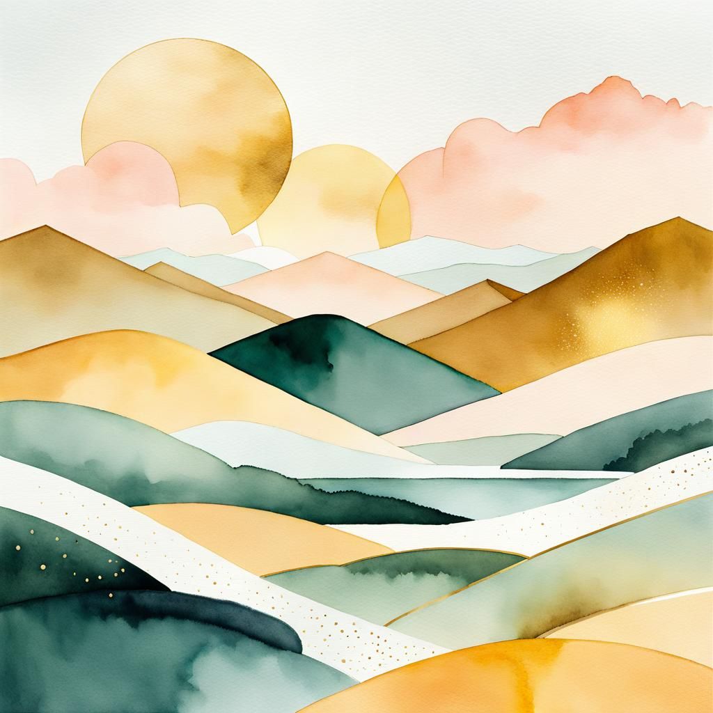 Geometric Landscape in Watercolor Art Deco Style