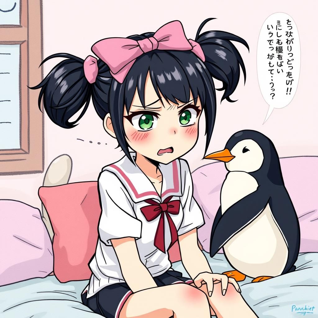 Girl Argues with Penguin: Anime Style Illustration