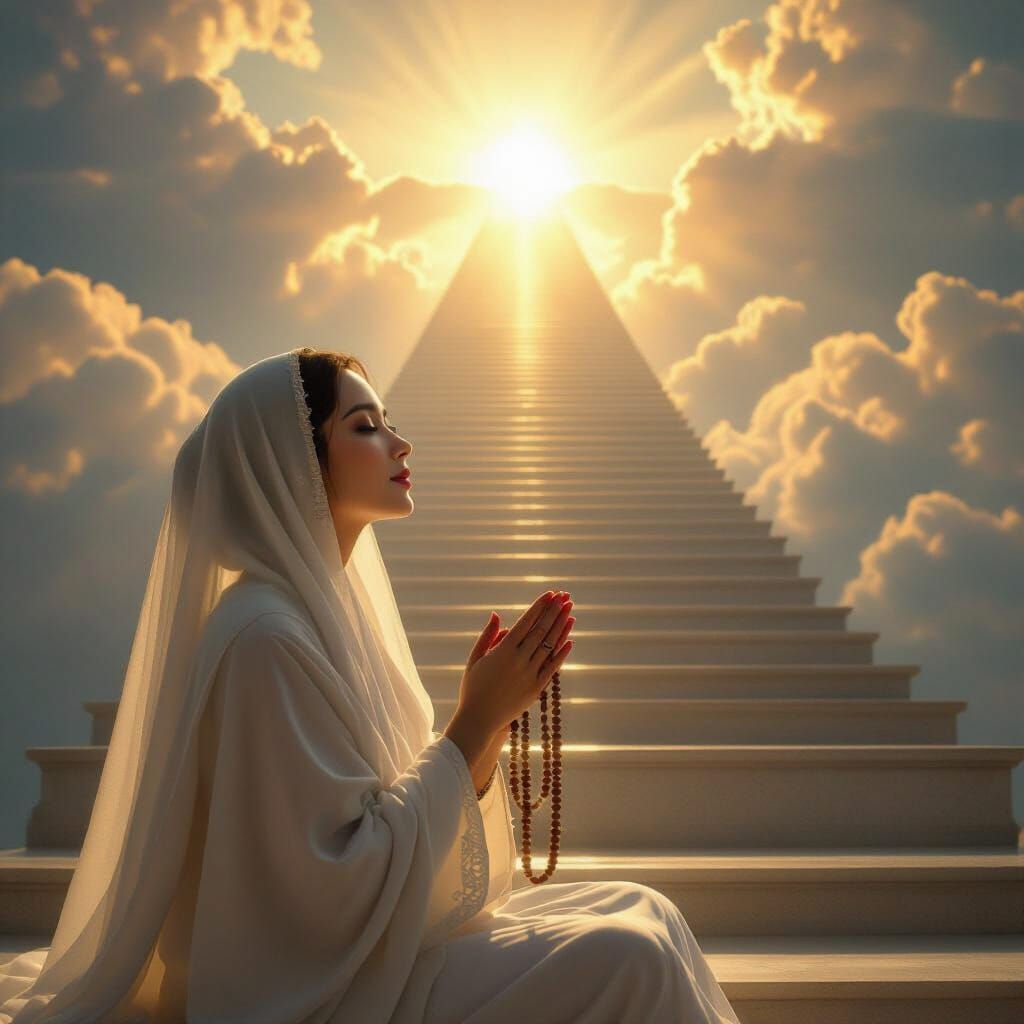 Woman in Mukena Praying by Celestial Sunrise Staircase