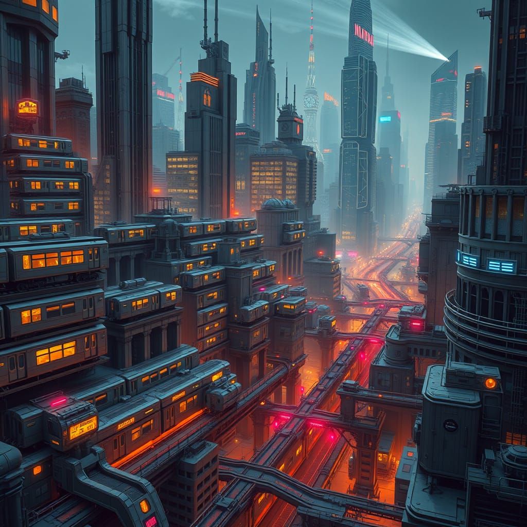 Surreal Futuristic Metropolis Built from Stacked Subway Cars