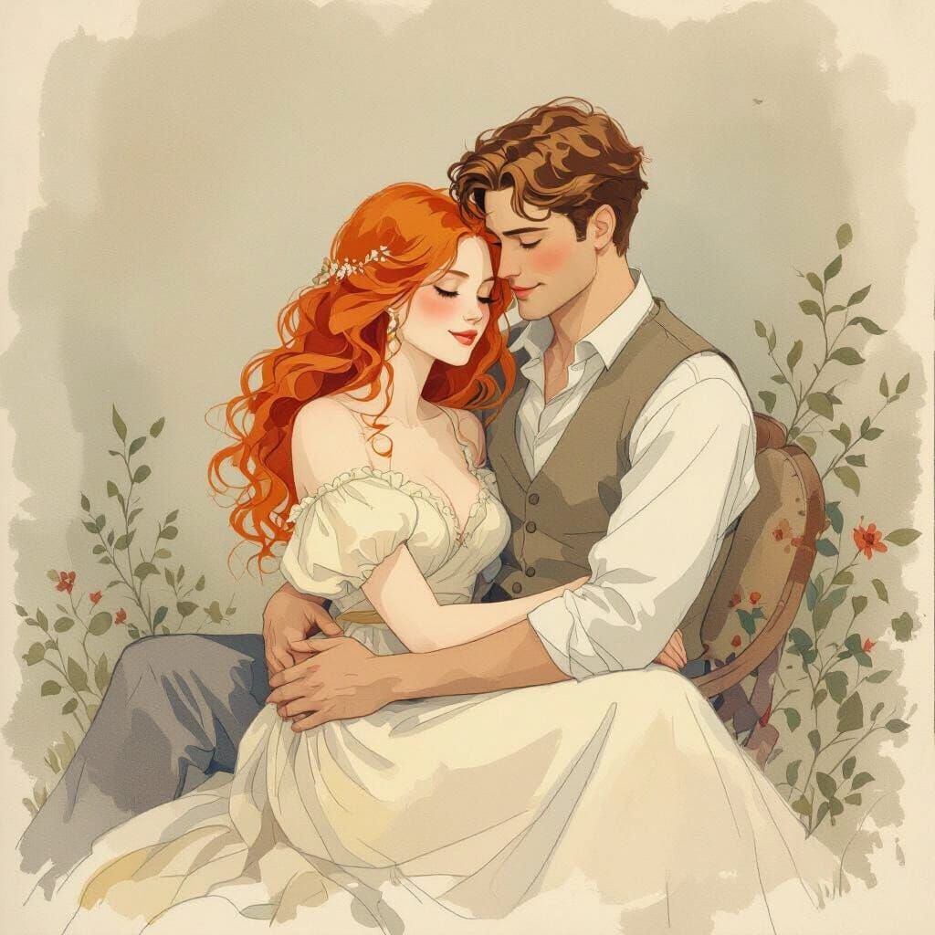 Romantic Redhead Woman in Lap, Whimsical Line Art