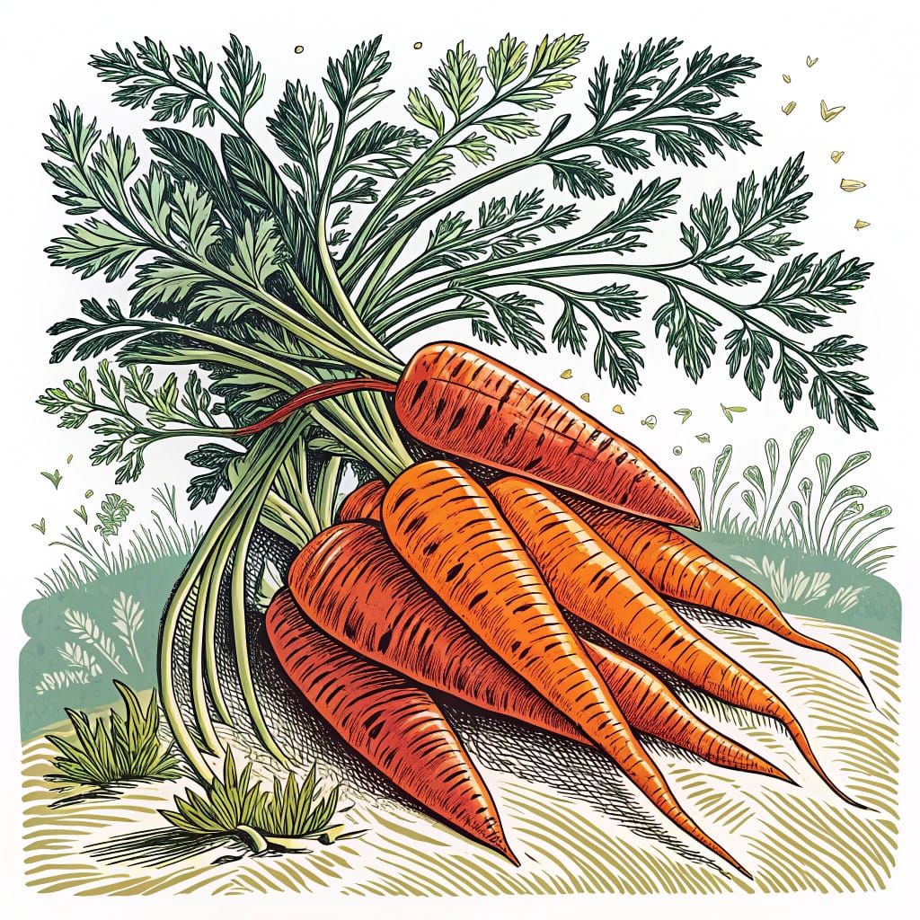 Vibrant Carrots in a Whimsical Woodcut Style