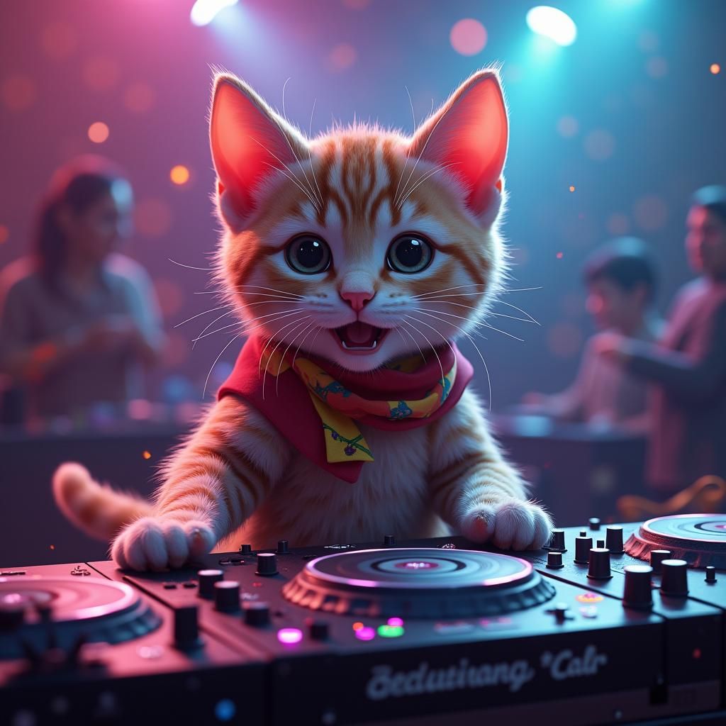 Kitten DJ at Party: Detailed Matte Painting