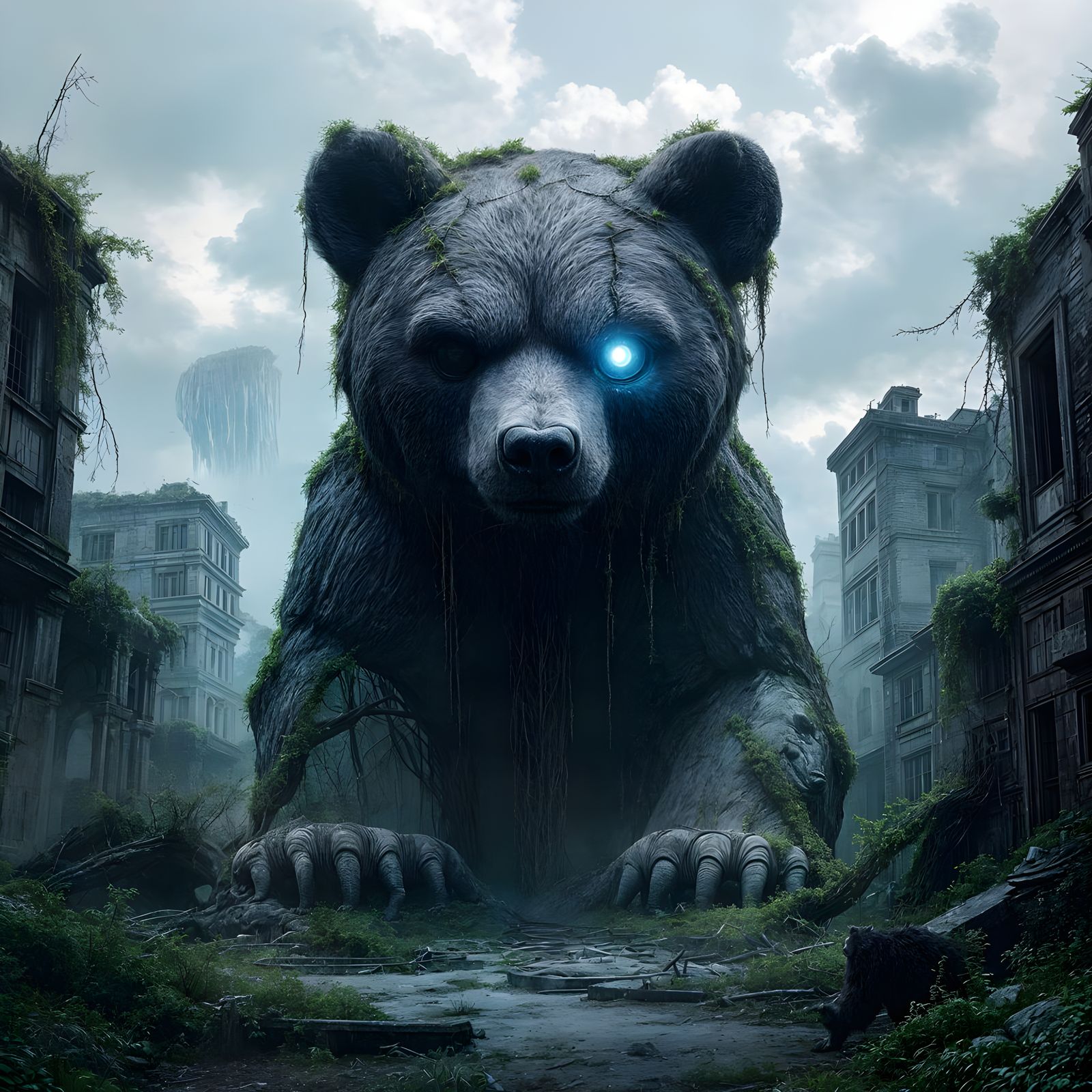 A colossal, ancient stone bear cub statue, weathered and cra...