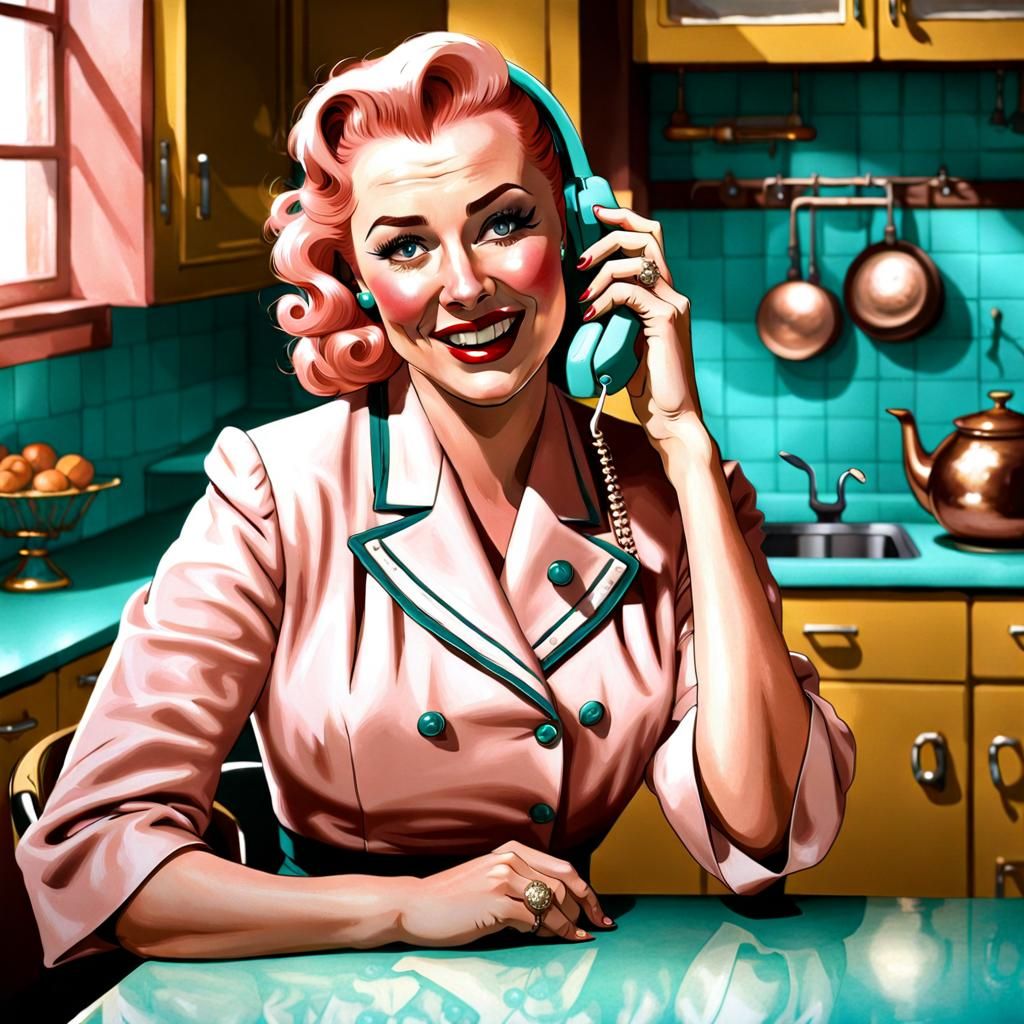 Laughing Woman in 1950s Kitchen, Art Nouveau Style