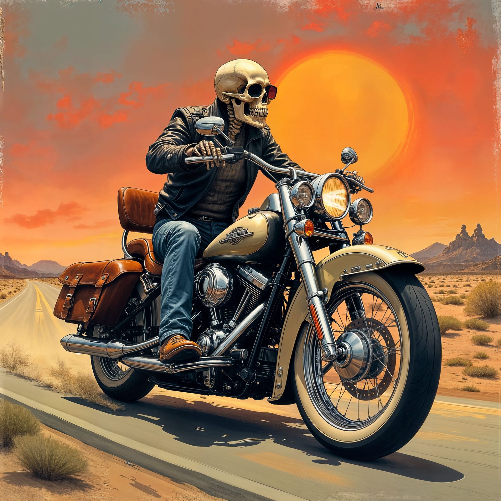 Biker Skeleton Rides into Sunset in Dark Fantasy Style